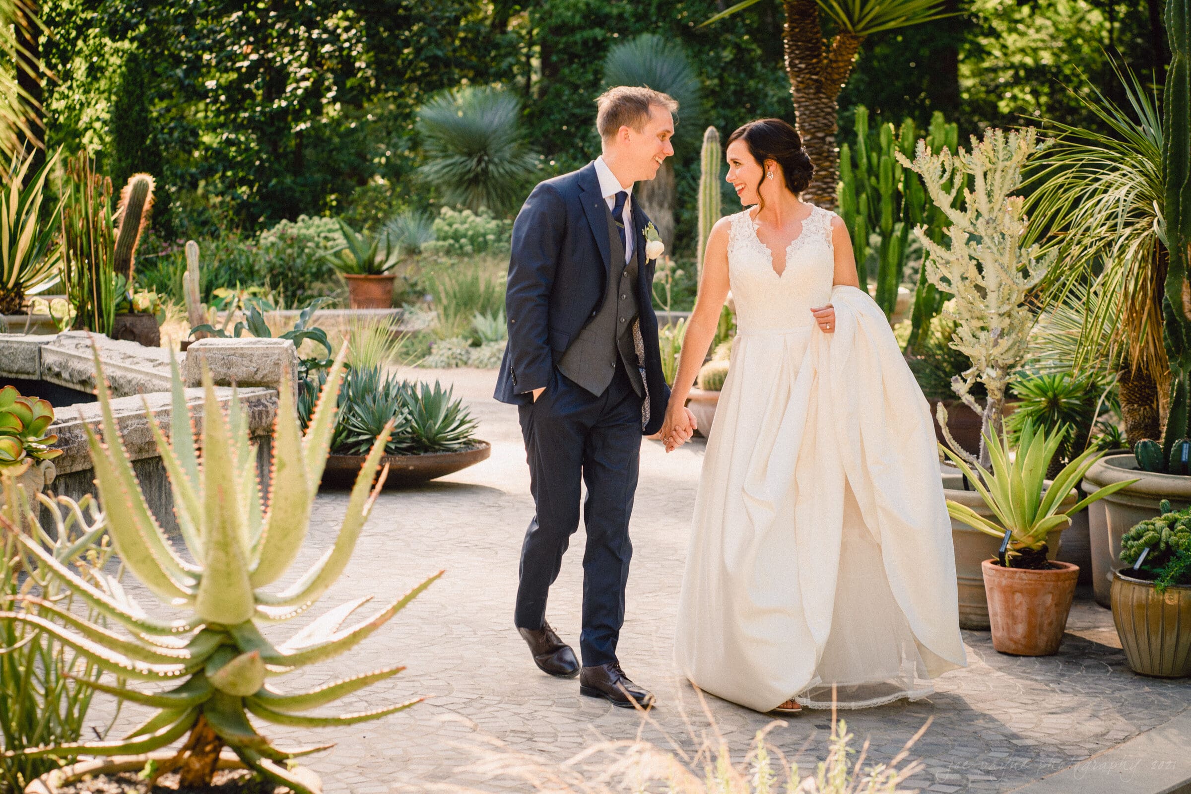 cotton room wedding photographer - kate & martin A bride in a white dress and a groom in a dark suit are holding hands and smiling at each other while walking down a path. They are surrounded by lush greenery and various potted plants in a garden setting.