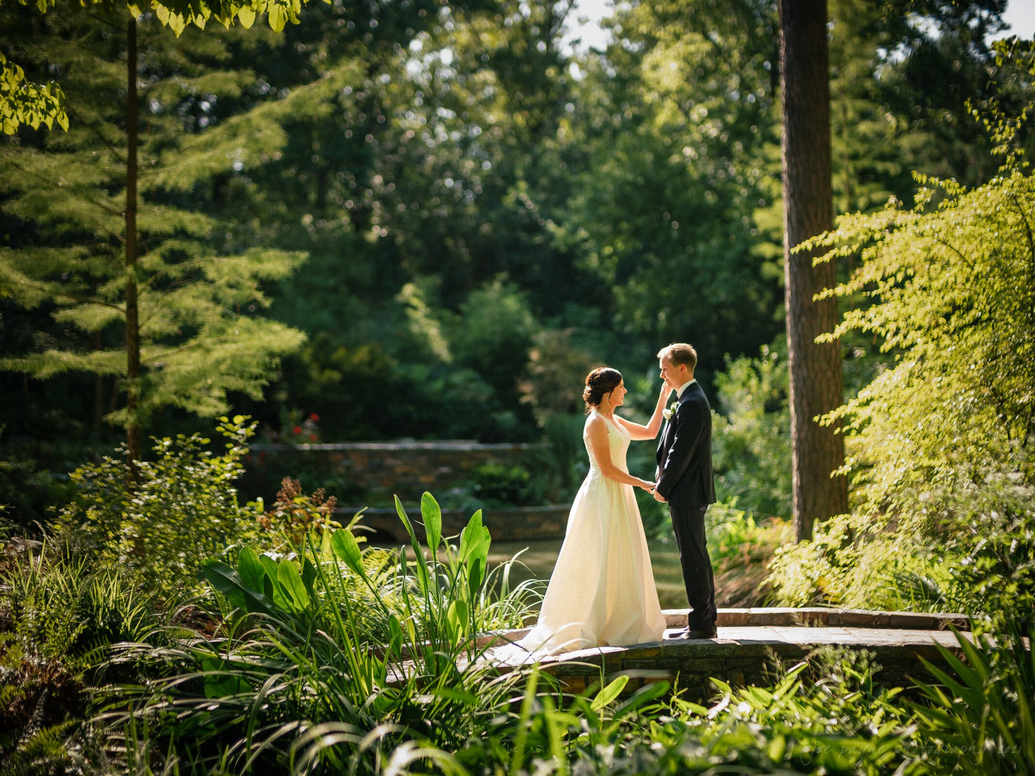 cotton room wedding photographer - kate & martin A couple in wedding attire stands on a stone path surrounded by lush greenery and tall trees, sharing a tender moment in a sunlit garden.
