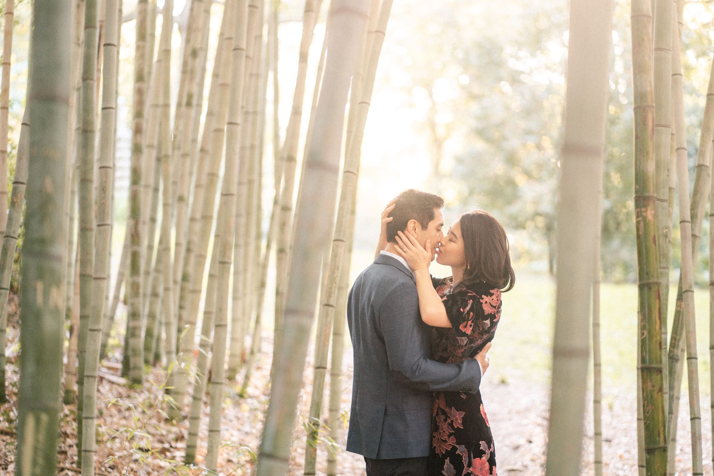 A couple embraces in a sunlit bamboo forest. The man in a dark suit and the woman in a floral dress stand surrounded by tall bamboo stalks, creating a serene and romantic setting. Sunlight filters through the trees.