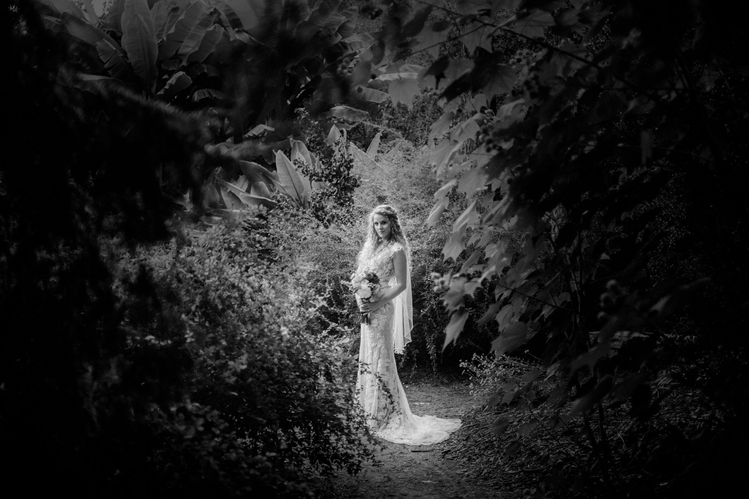 A bride in a wedding gown stands among dense foliage on a forest path. She holds a bouquet and gazes softly at the camera. The scene is captured in black and white, highlighting the intricate textures of her dress and the surrounding leaves.