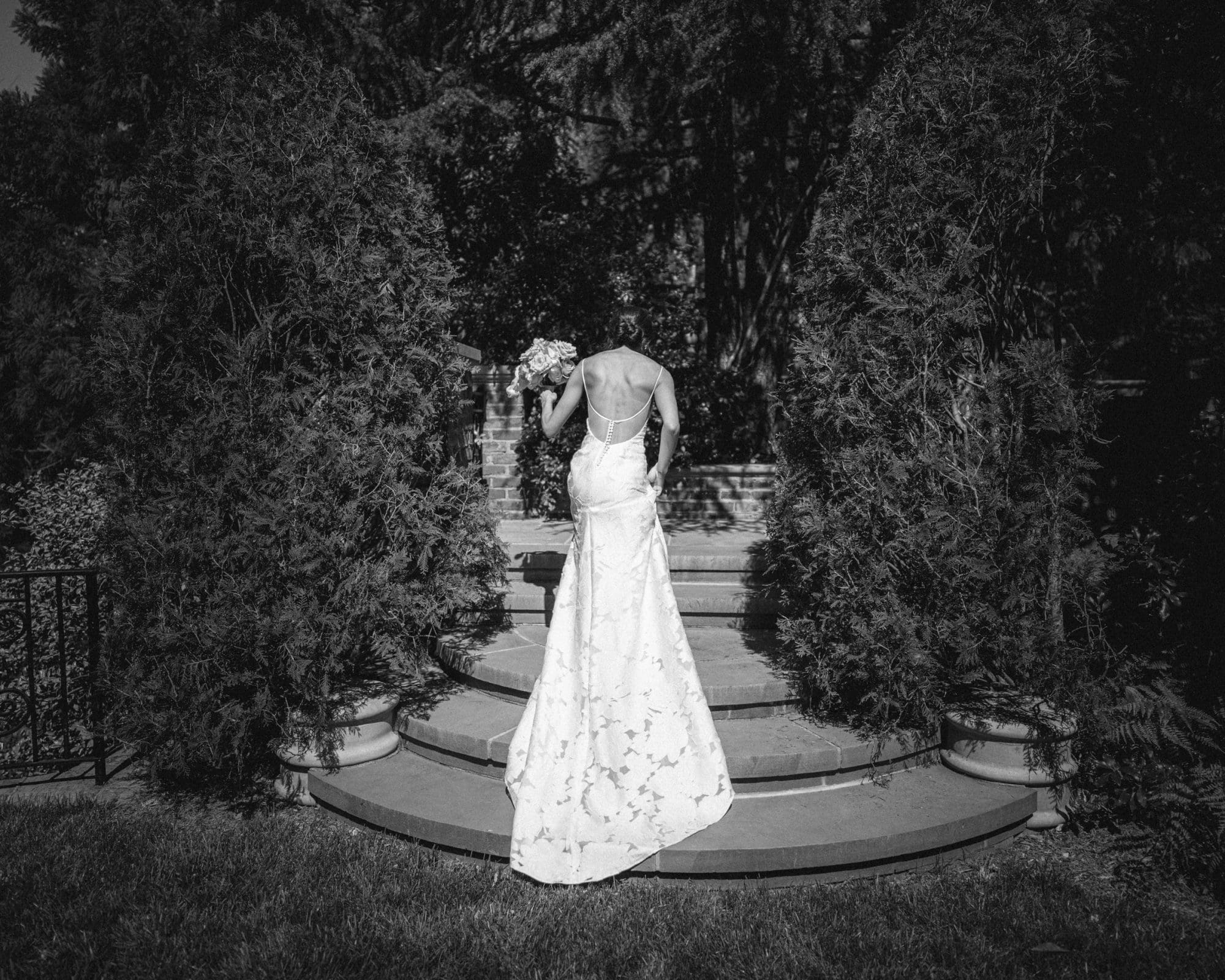 A bride in a backless wedding gown stands on stone steps amidst greenery, holding a bouquet. Captured by a Raleigh photographer, the black-and-white photo highlights the intricate lace details of the dress and the serene garden setting.