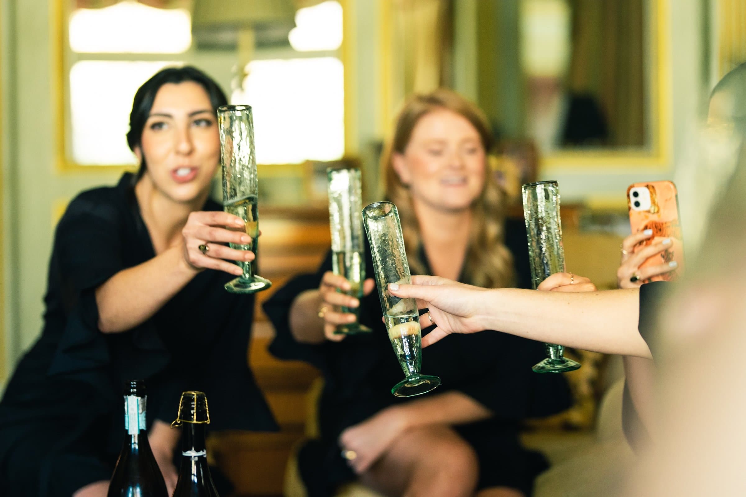 A group of people holding up champagne flutes in a toast, captured by a Raleigh photographer. Some are seated, and there's a smartphone visible in one person's hand. The setting appears to be a warmly lit, elegant room with bottles on the table in the foreground.