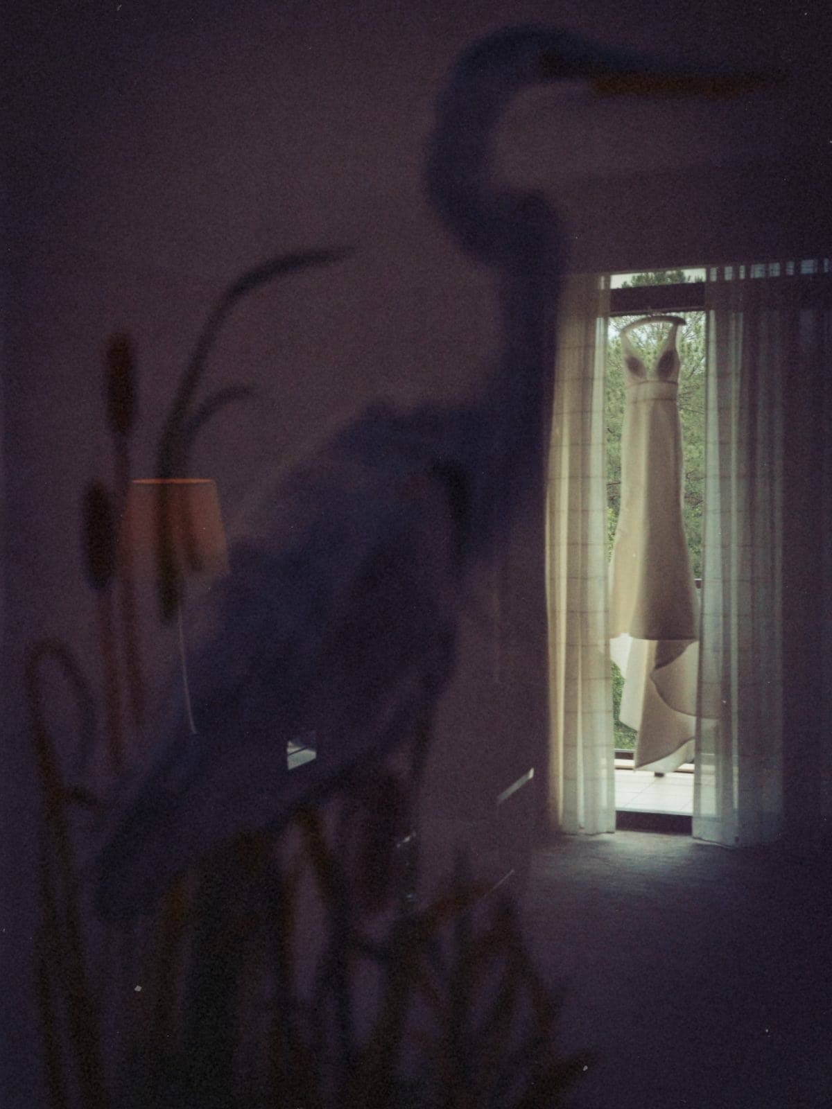 umstead wedding photography - kayla & deandre A reflection of a heron graces the window, through which an Umstead wedding dress is seen hanging inside a dimly lit room. The scene exudes a serene and contemplative atmosphere.