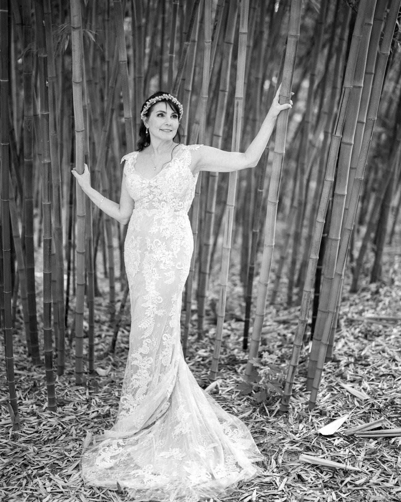 duke gardens wedding photography - ann & tim A woman in a lace wedding dress poses among tall bamboo stalks at Duke Gardens. She gazes upwards, with one arm gently touching a bamboo stem. The ground is scattered with bamboo leaves. The black and white photography highlights the intricate details of her gown.