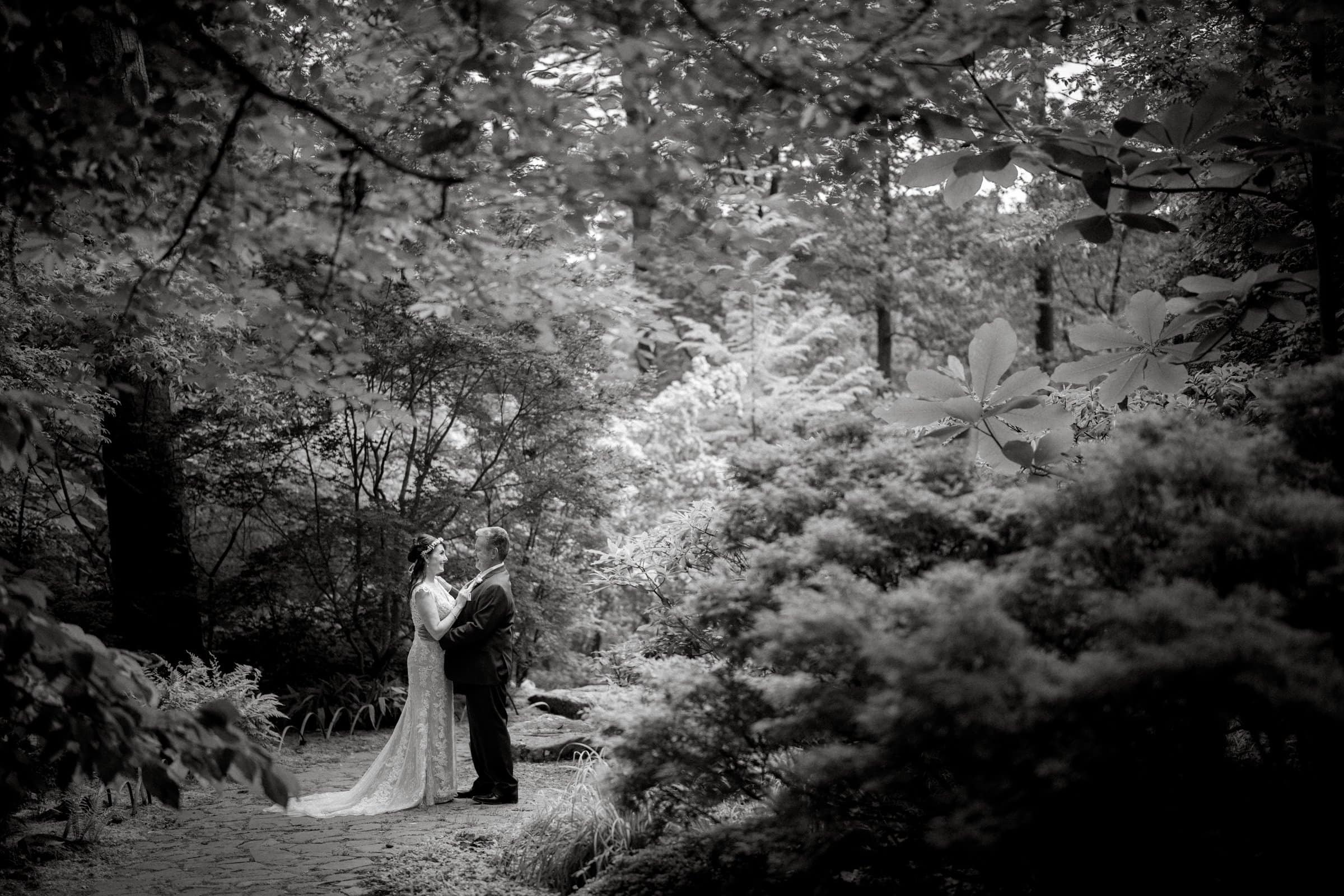 duke gardens wedding photography - ann & tim A couple embraces in the lush, wooded beauty of Duke Gardens. The bride wears a long white dress, and the groom is in a suit. Sunlight filters through the trees, creating an intimate atmosphere perfectly captured by wedding photography in stunning black and white.