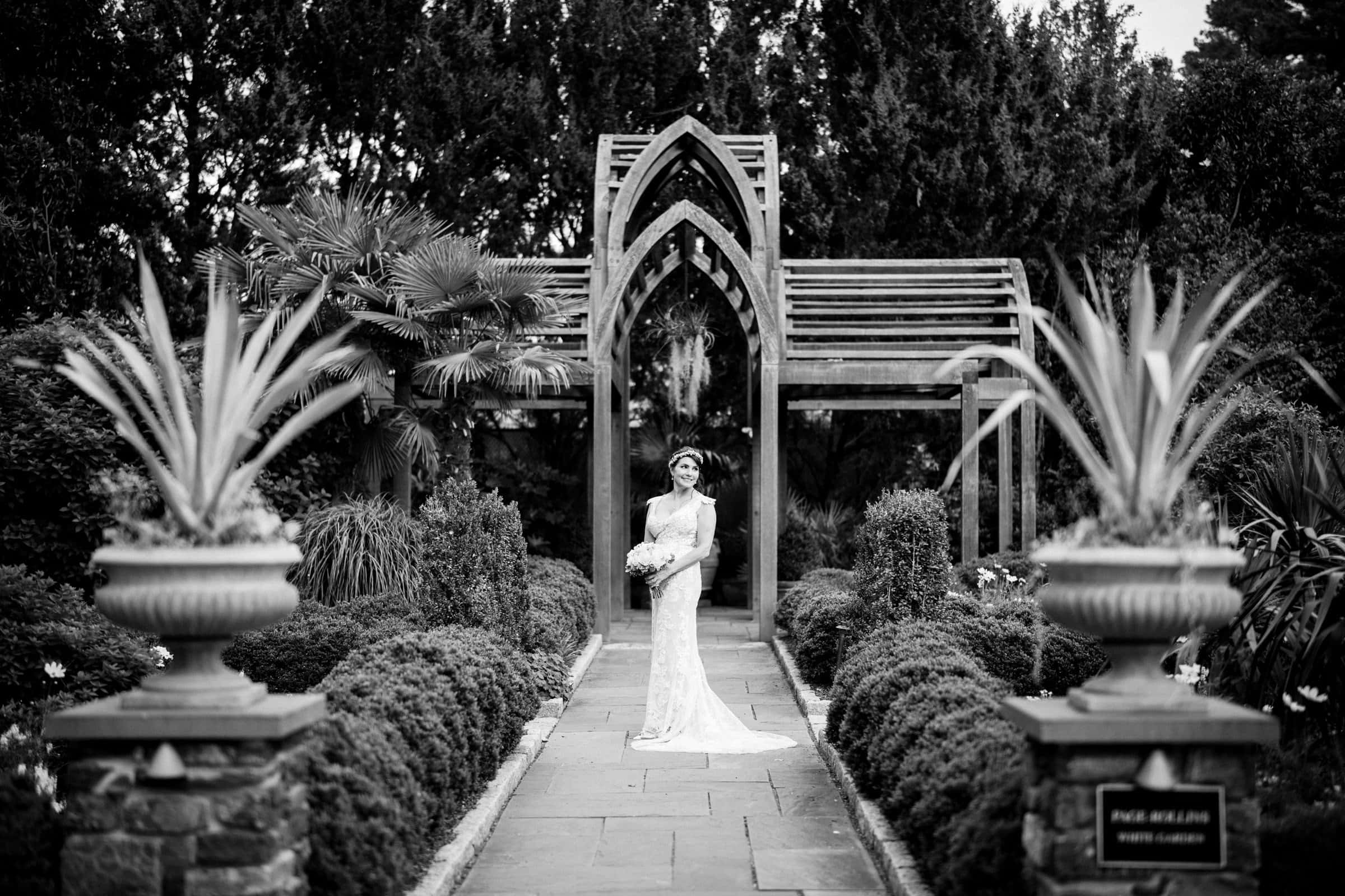 duke gardens wedding photography - ann & tim A bride in a long, elegant dress stands under a wooden archway in Duke Gardens. She holds a bouquet and gazes into the distance. The path is lined with manicured bushes and large decorative urns. This black-and-white photograph captures the timeless essence of wedding photography.