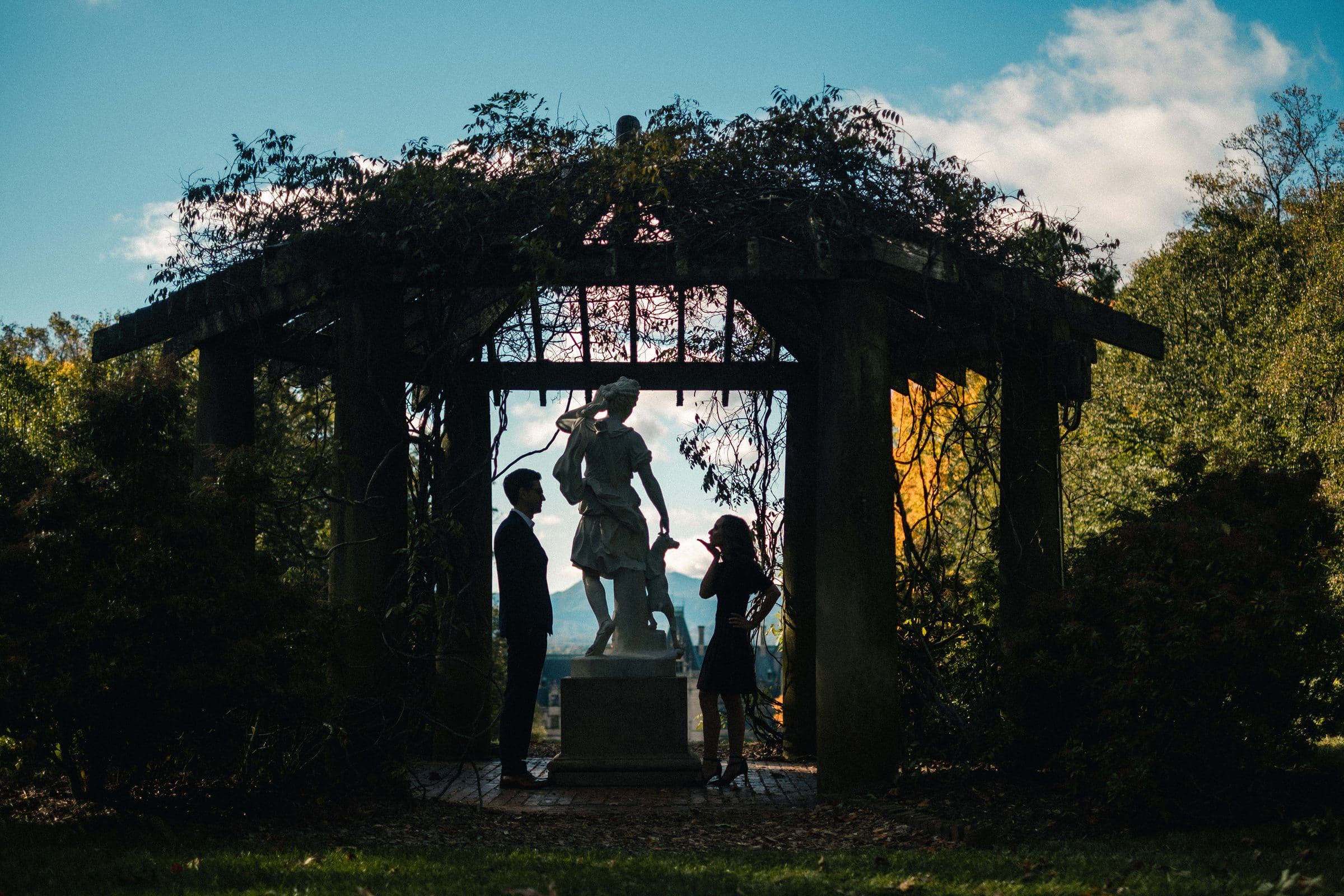 Silhouettes of two people stand in front of a classical statue under a vine-covered pergola. Captured in the enchanting gardens of the Biltmore Estate, this engagement photography scene features trees and a blue sky as its breathtaking backdrop.