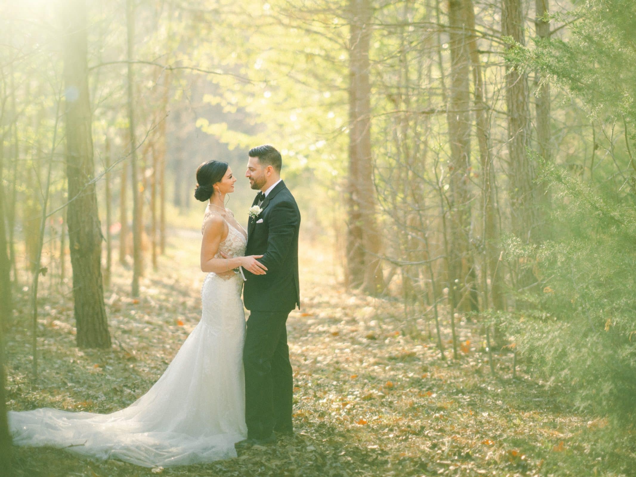 A bride and groom stand in a sunlit forest, embraced by nature's serenity. The bride wears a long, flowing white gown, and the groom is in a black suit. In this intimate meadows elopement, golden light filters through towering trees as they embrace gently beneath the canopy.