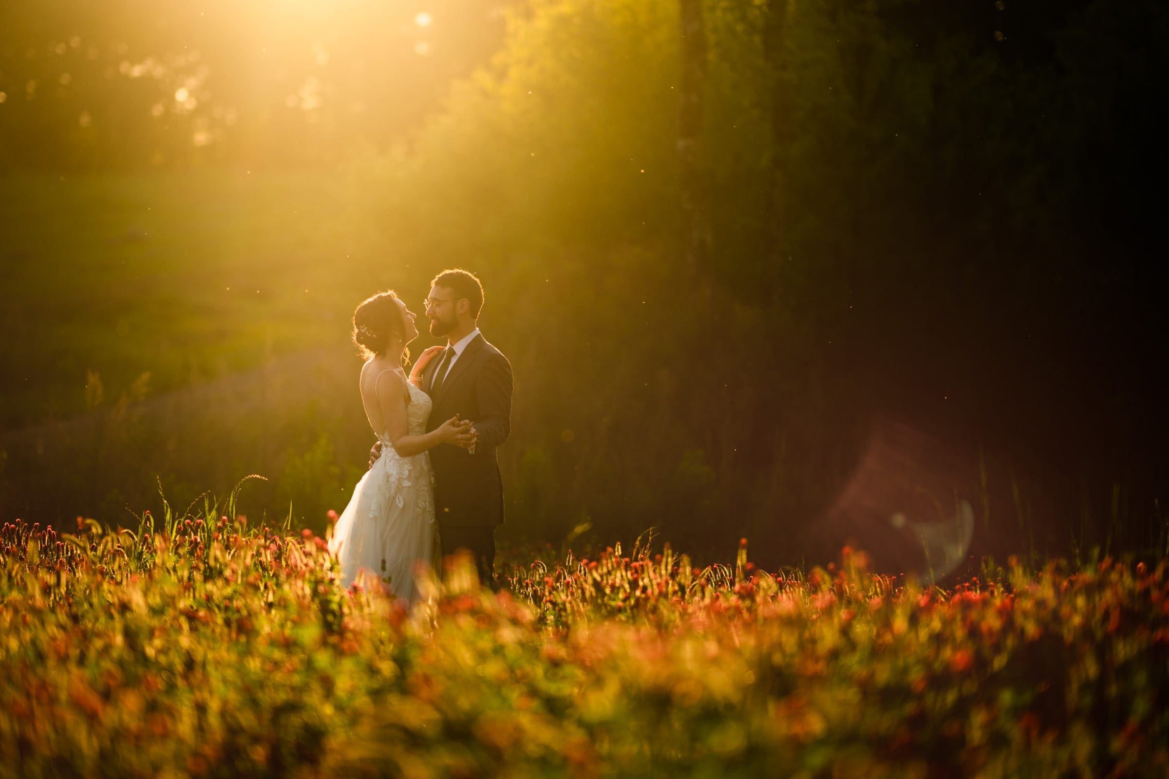 A couple in wedding attire embraces amidst a union of wildflowers at Grove Farm, bathed in the warm glow of a golden sunset. The scene captures the essence of wedding photography with its romantic and serene atmosphere.