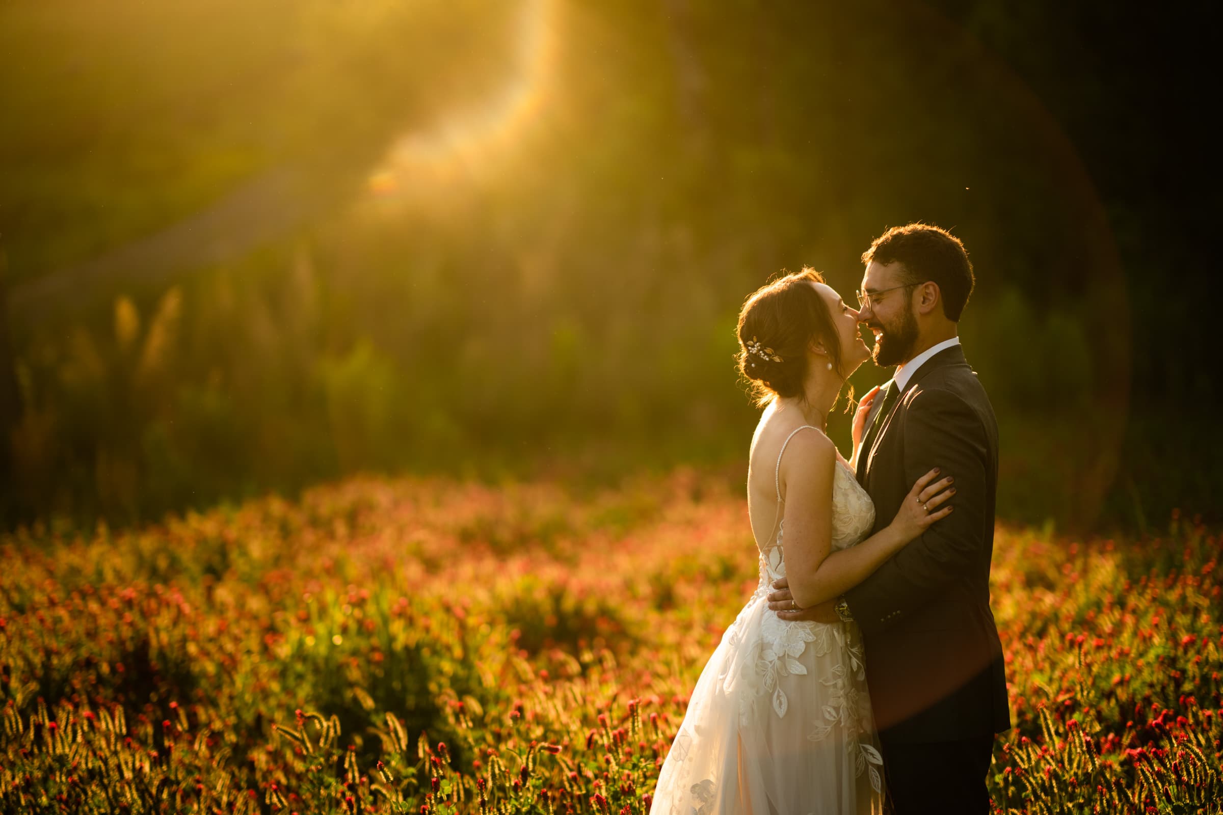 union grove farm wedding photography - kaylyn & jeremy A couple embraces in a field of flowers during sunset at Union Grove Farm. The bride wears a white gown and the groom a dark suit. Sunlight creates a warm glow, enhancing the romantic atmosphere, perfectly captured in stunning wedding photography.