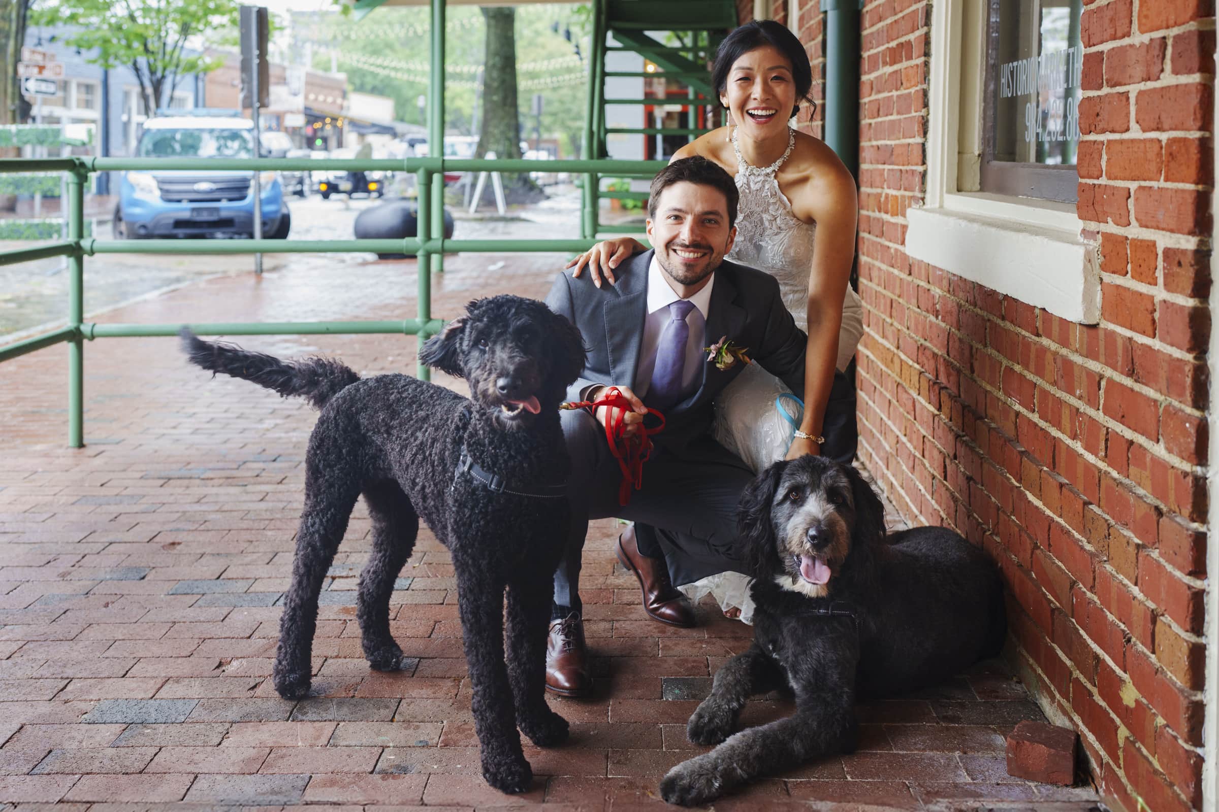 A bride and groom smile happily while crouching beside two large black dogs on a brick sidewalk outside the market hall. The couple is dressed in wedding attire, with the bride in a white gown and the groom in a suit. A green railing and a brick building are in the background.