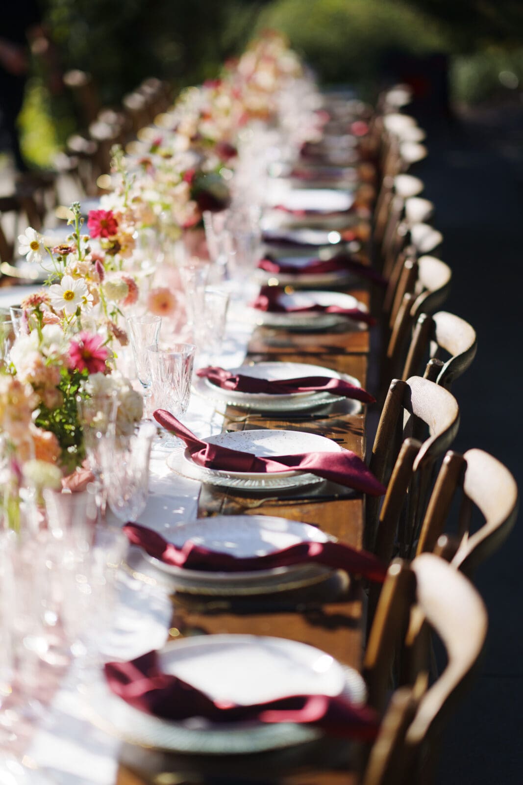 At the JC Raulston Arboretum, a long wooden dining table is elegantly set outdoors for Holly and Sut's wedding. White plates, red napkins, crystal glasses, and floral arrangements of pink and white flowers adorn the scene as sunlight casts soft shadows, creating a warm and inviting atmosphere.