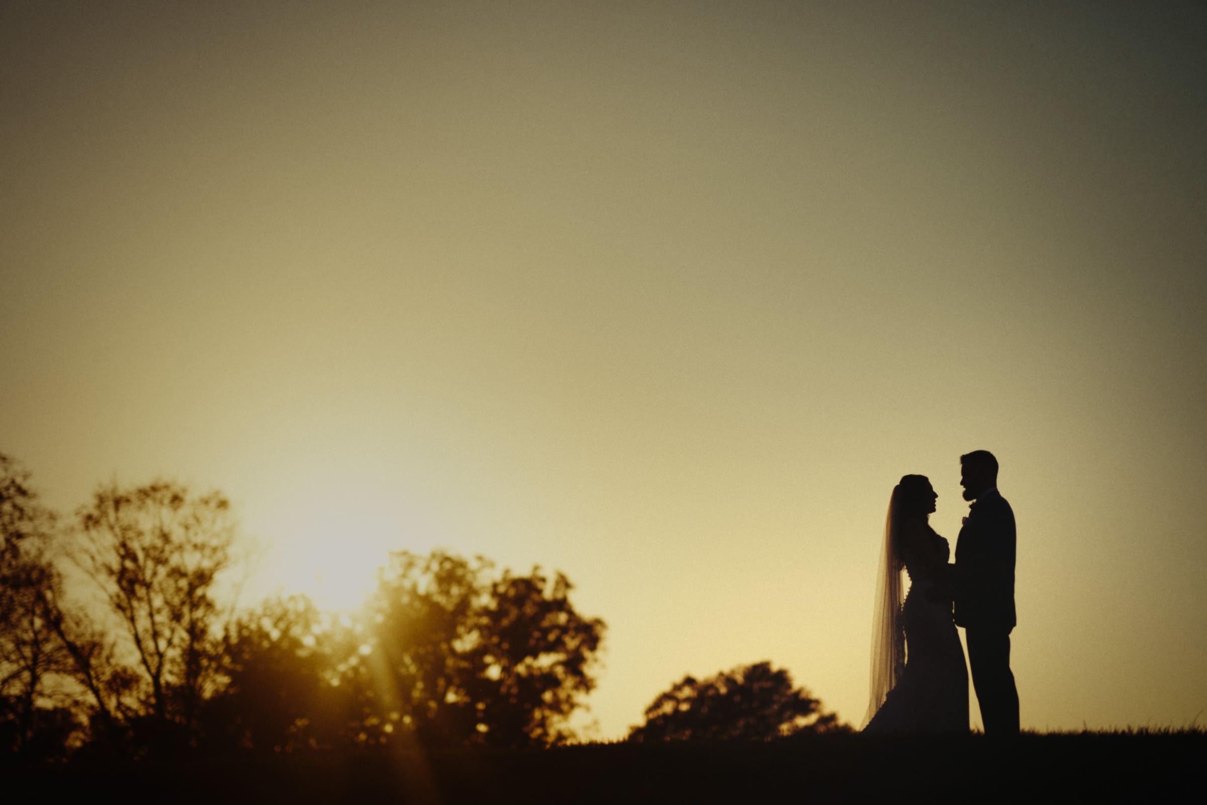 Silhouette of a couple in wedding attire standing close at sunset at Rose Hill Estate. The sun casts a warm glow, creating a romantic atmosphere, with trees visible in the background against the golden sky.