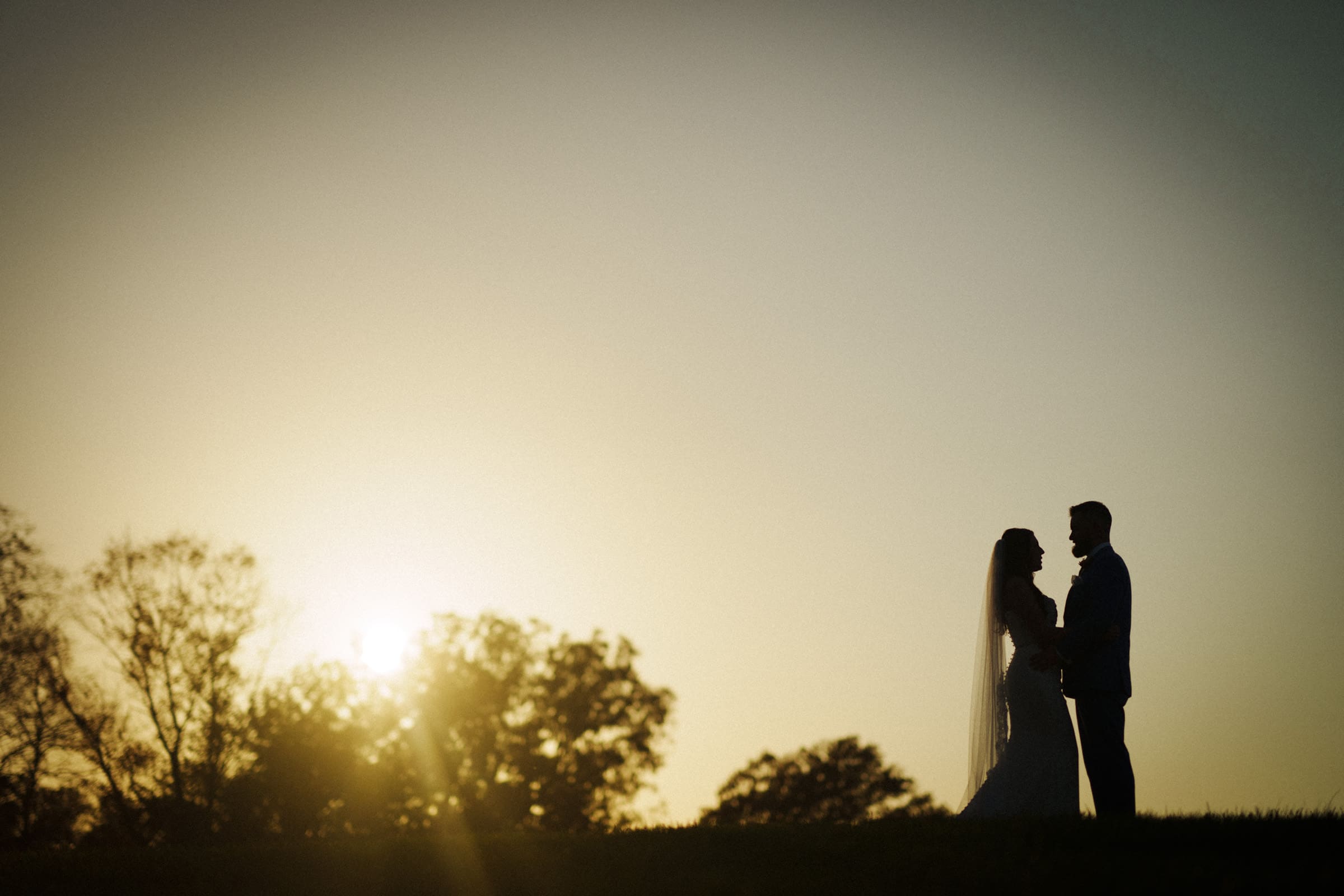 Silhouette of a bride and groom standing together outdoors during a sunset at Rose Hill Estate. The sky is a warm gradient of colors, and trees are visible in the background. The couple faces each other, adding a romantic atmosphere to the scene.
