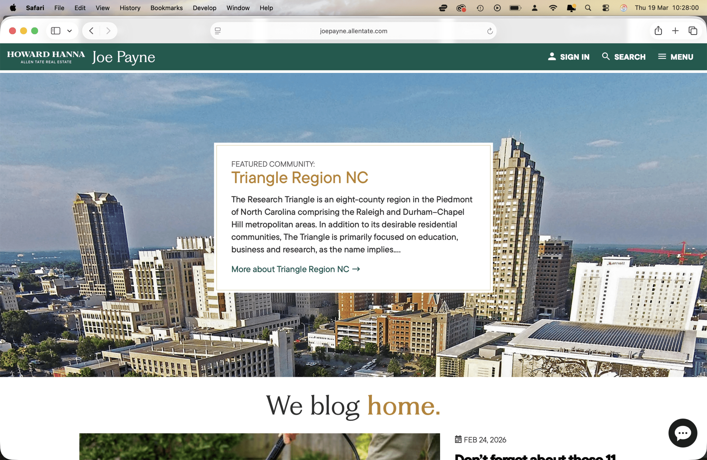 A website for Joe Payne, a Realtor with Howard Hanna, is shown. The page highlights the Triangle Region NC with a description over a city skyline photo, and the words We blog home. appear at the bottom.