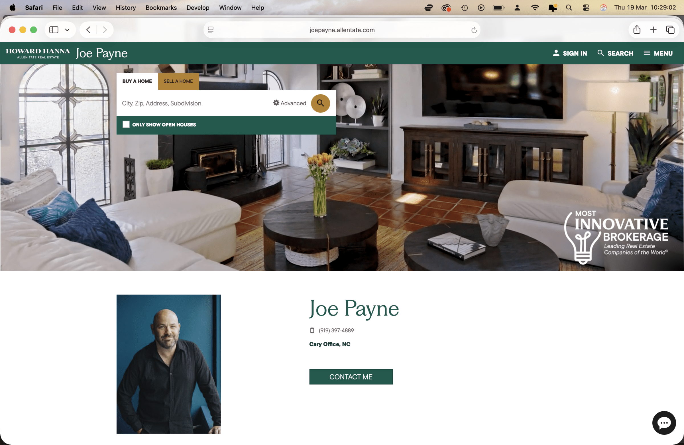 Screenshot of a real estate website for Joe Payne in Cary, NC, showing a modern living room, Joe Paynes photo, contact info, a search bar, and a sign in option at the top.