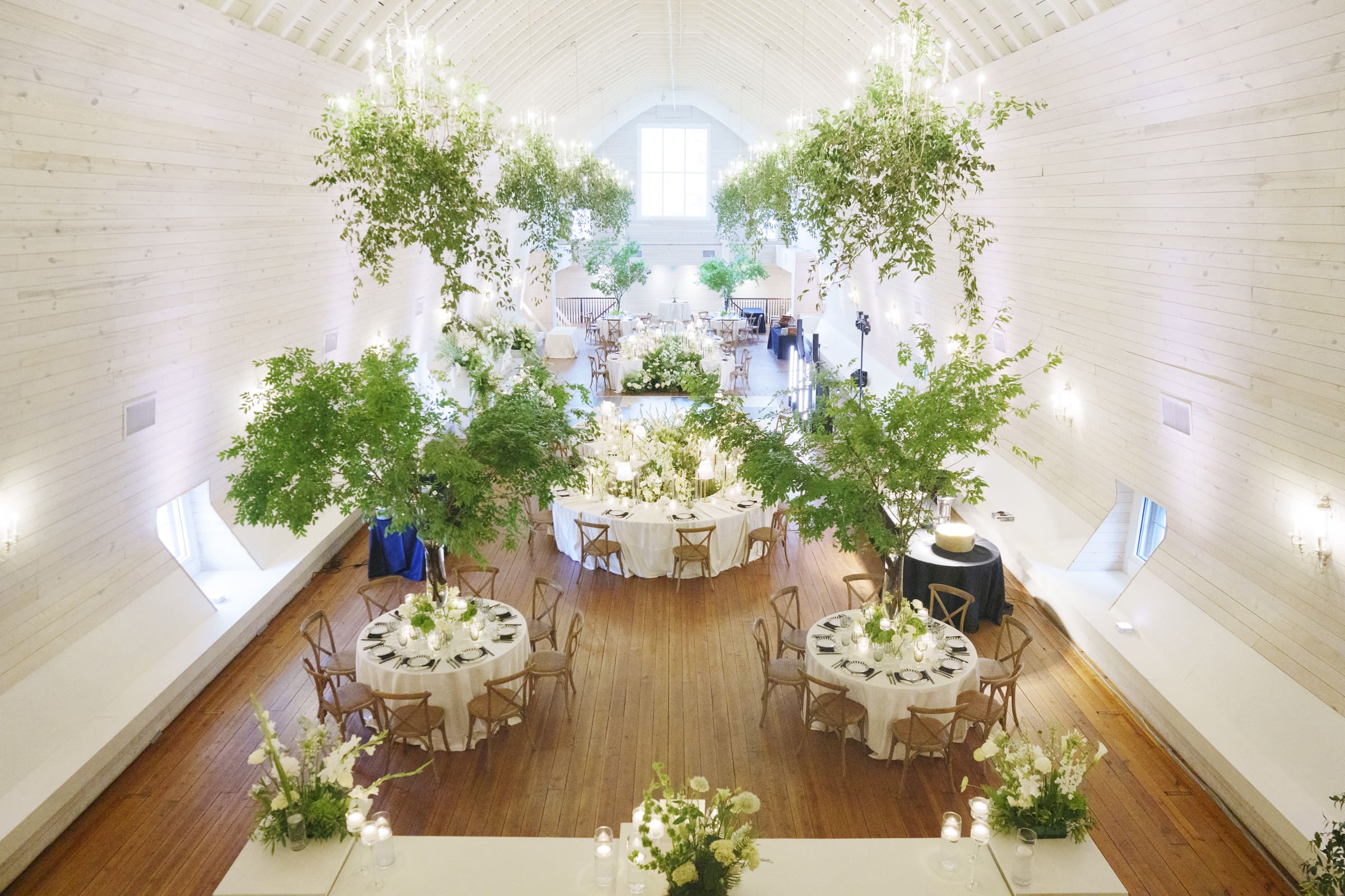 A bright, elegant event space with high white ceilings, wooden floors, and round tables set for dining evokes a historic wedding. Large green trees and floral centerpieces add charm—perfect for a Wakefield Barn wedding. Soft lighting creates an airy atmosphere. By award-winning Raleigh wedding photographer, Joe Payne.
