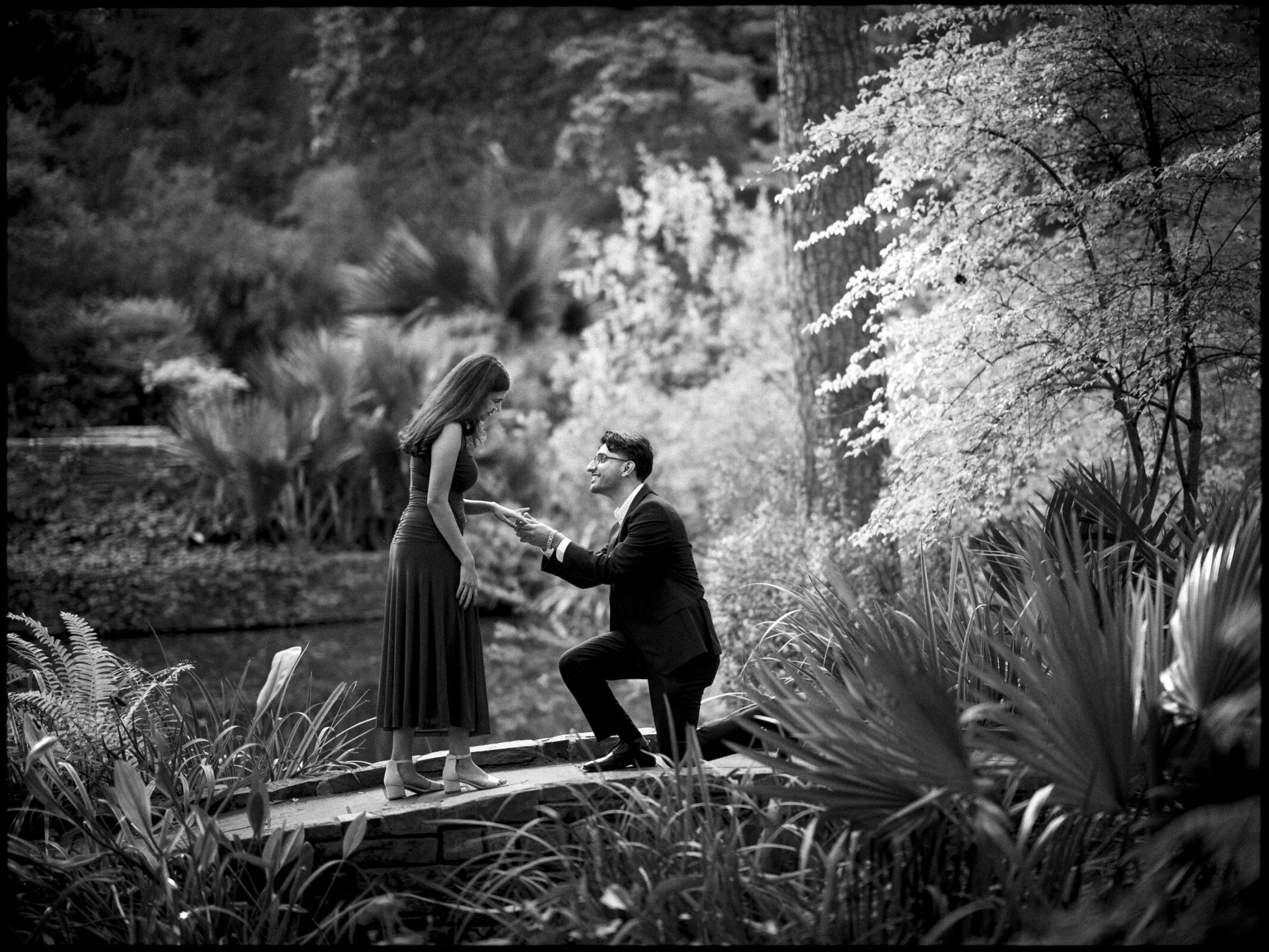 A man in a suit kneels on a stone bridge to propose to a woman during a Duke Gardens engagement photography session. By award-winning Raleigh wedding photographer, Joe Payne.