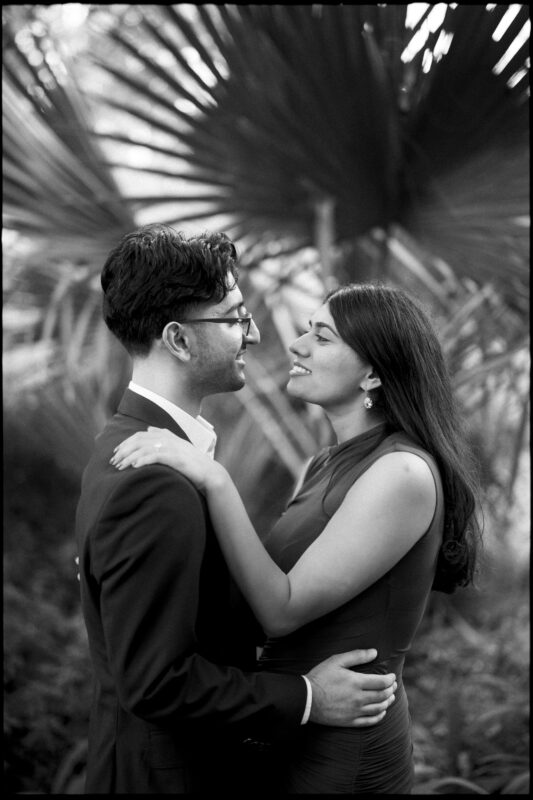A couple in formal attire embracing and looking at each other against a backdrop of palm fronds in this engagement photography at Duke Gardens. By award-winning Raleigh wedding photographer, Joe Payne.